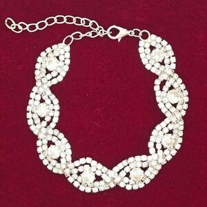 Silver Tone Rhinestone‎ Marquise Link Adjustable Bracelet Clear Crystal Wedding
